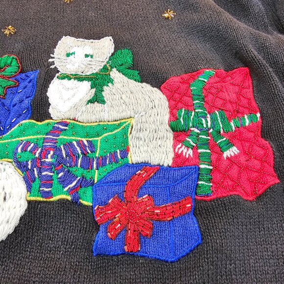 Vintage Victoria Jones Cat Presents Beaded Sweater Black Size Medium - Picture 5 of 6